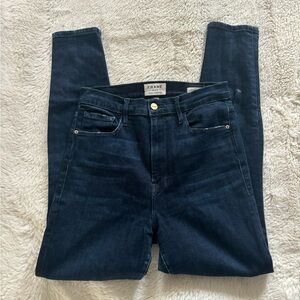 Frame Denim All High Rise Split Hem Skinny Jeans in Dark Wash